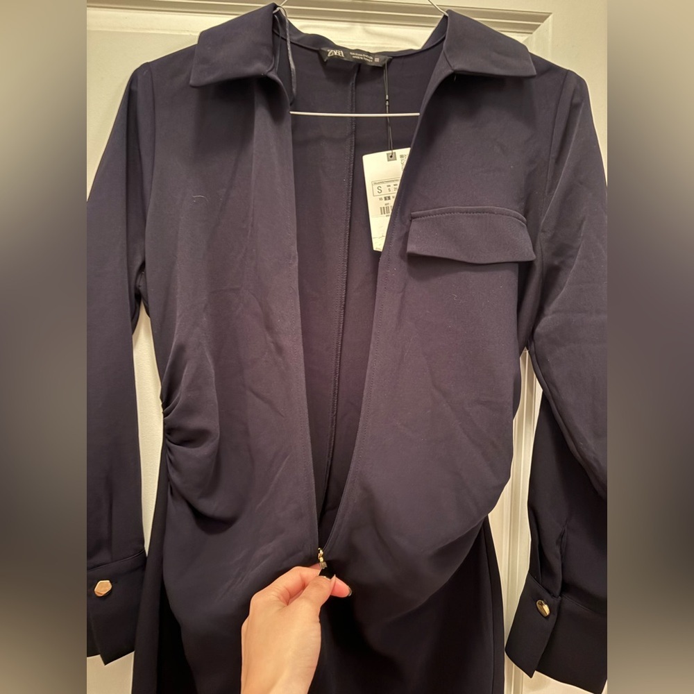 Zara Navy Zippered Shirt Midi Dress Size Small - Picture 8 of 15